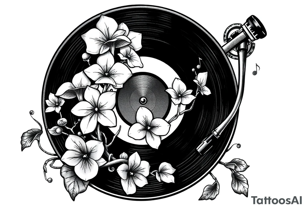 vinyl record player with mushrooms, orchids, and music notes around it tattoo idea