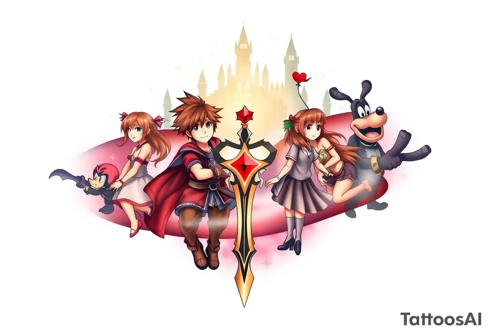 Kingdom Hearts tattoo design featuring sora, kairi, riku, donald and goofy from the game, together in a dynamic, united pose. The centerpiece should include the Heartless Keyblade, with a beautiful and ethereal Kingdom Hearts-inspired background—think glowing stars, floating islands, and stained-glass elements in backroung. The design should capture themes of friendship, light vs. darkness, and adventure. Style should be detailed, fantasy-oriented, and suitable for a large piece tattoo idea