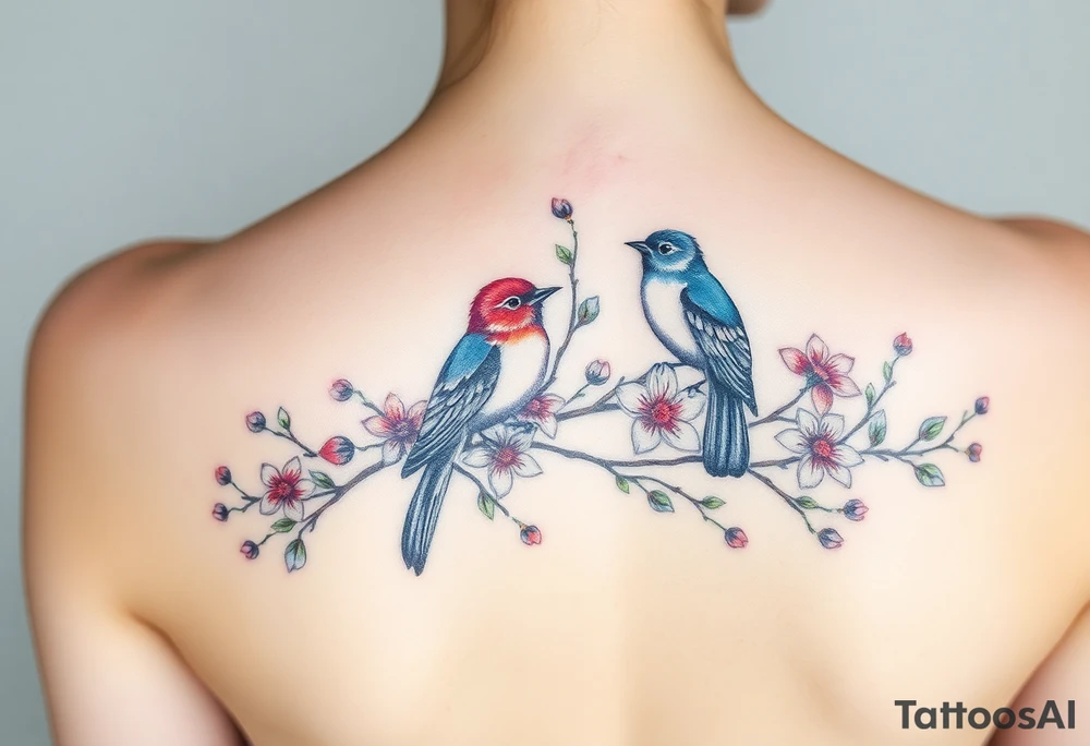Four birds, flowers, branch tattoo idea