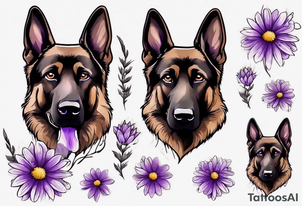 Dark brown, German shepherd with purple daisies tattoo idea
