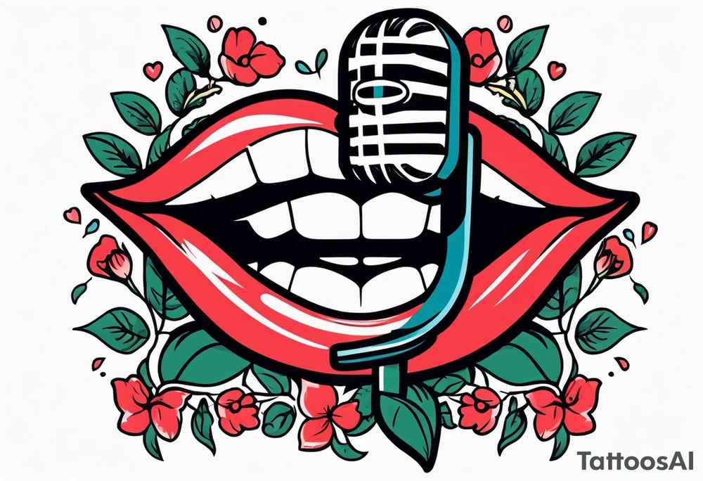 lips singing old school vintage traditional
flowers around and mouth next to microphone
bold and colorful simple design tattoo idea