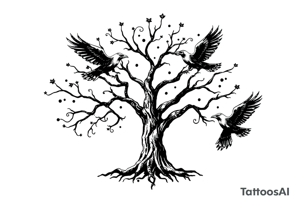 Irish family tree with 3 flying ravens tattoo idea
