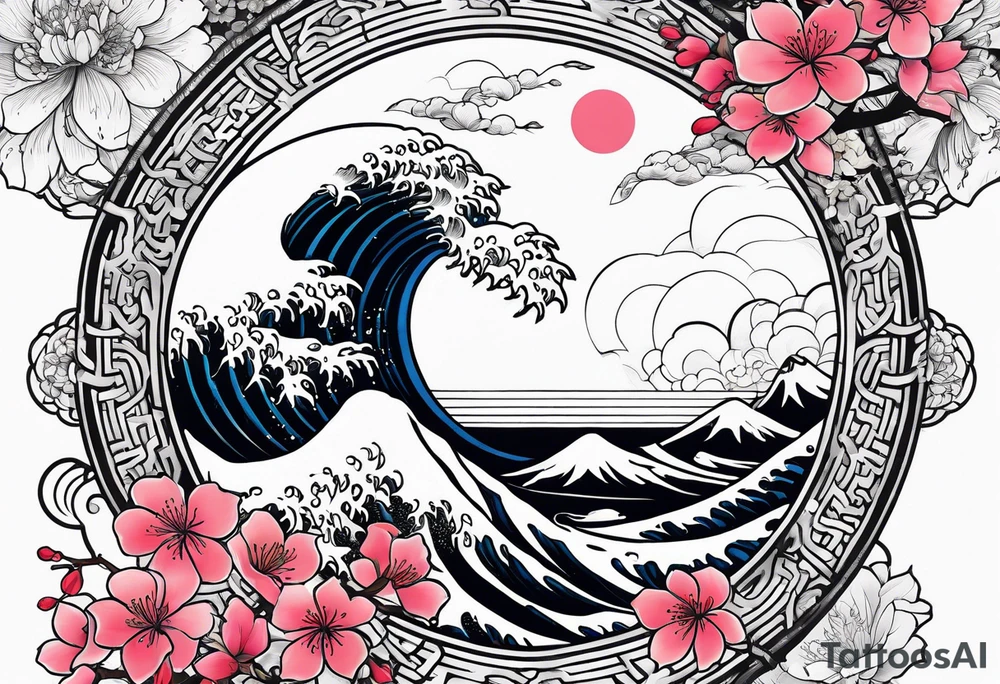 Tori rounded by cherry blossom and death flower and Japanese wave tattoo idea