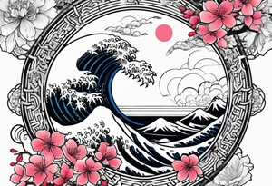 Tori rounded by cherry blossom and death flower and Japanese wave tattoo idea