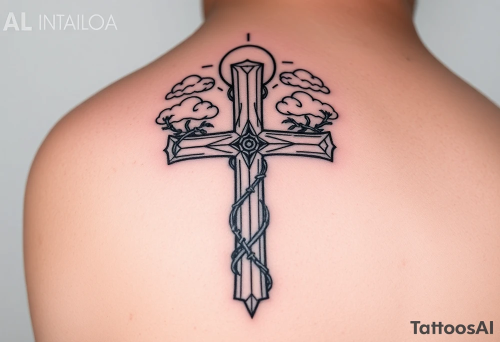 A very detailed and big cross that has thorn vines from a rose wrapping around it but with no flower just the thorns vines and then a halo above the cross with clouds around it tattoo idea