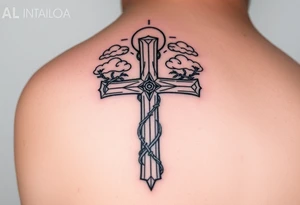 A very detailed and big cross that has thorn vines from a rose wrapping around it but with no flower just the thorns vines and then a halo above the cross with clouds around it tattoo idea