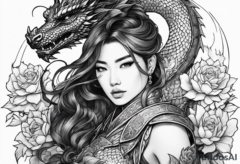 beautiful warrior woman wearing dragon armor and a floral background and a dragon a full picture tattoo idea