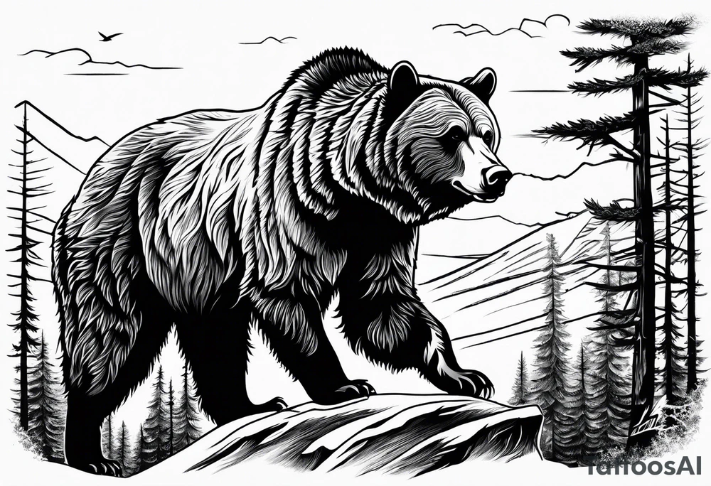 A grizzly bear scene hunting a wolf in the wild tattoo idea