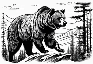 A grizzly bear scene hunting a wolf in the wild tattoo idea