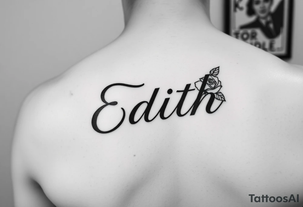 Edith tattoo with a cursive e with a rose half-sleeve tattoo idea