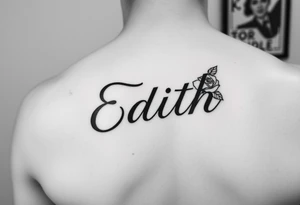 Edith tattoo with a cursive e with a rose half-sleeve tattoo idea
