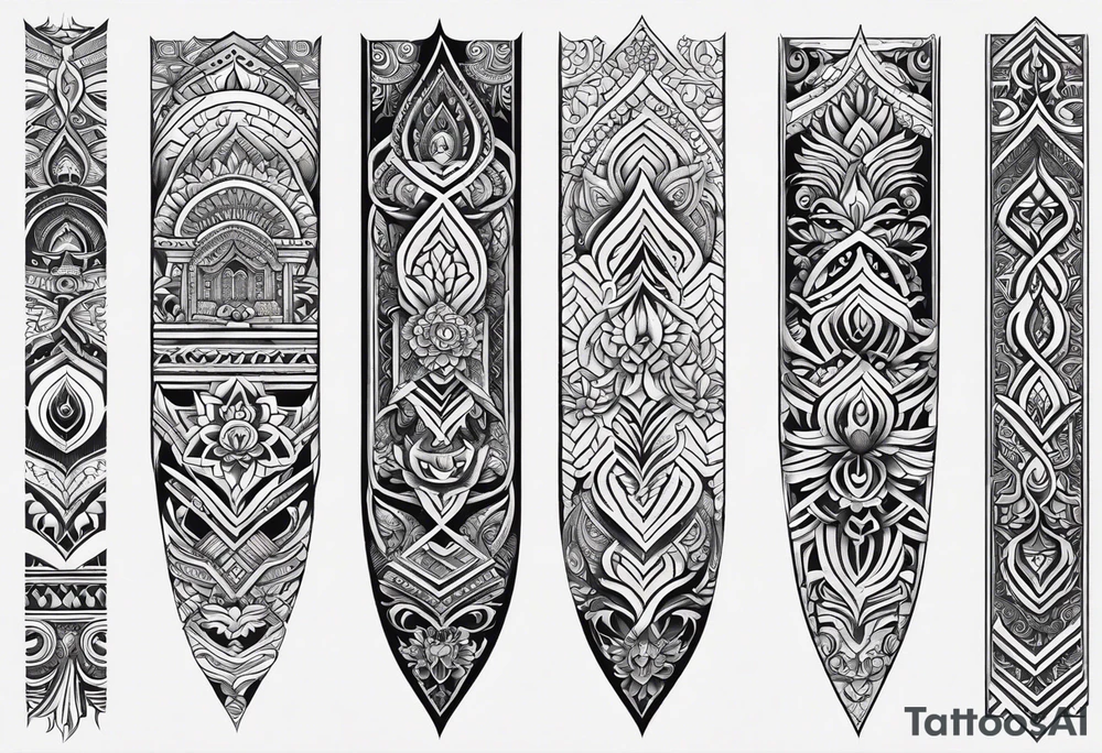 Hindu Sanskrit tribal design on right lower leg, below knee to top of feet for men. No too dark and more thicker lines tattoo idea