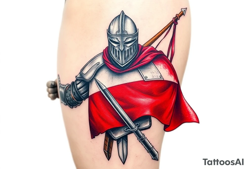 A knight in medieval armor holding a Czech flag, inspired by Hussite warriors, with battle-worn silver and red tones. tattoo idea