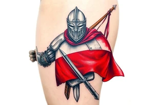A knight in medieval armor holding a Czech flag, inspired by Hussite warriors, with battle-worn silver and red tones. tattoo idea