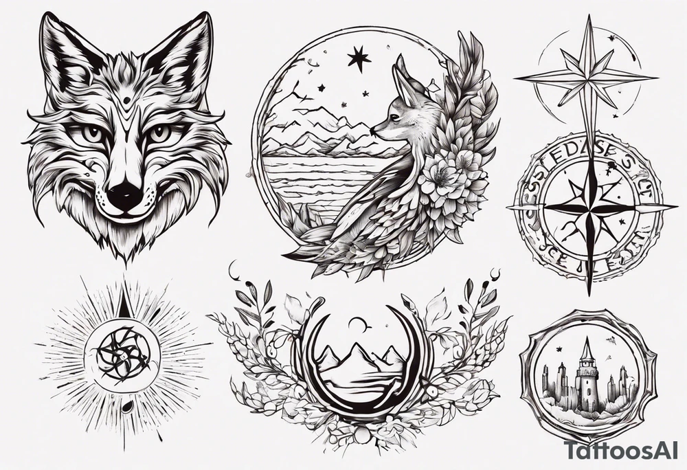 Fuchs und Eule unter der Sonne mit dem Schriftzug Sapere Aude tattoo idea