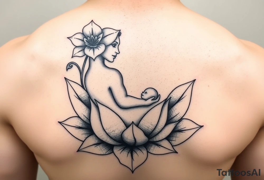 Mère assise en lotus qui allaite son bébé, la mère à une fleur de lys sur la tête et des racines d’arbre de vie tattoo idea