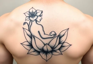 Mère assise en lotus qui allaite son bébé, la mère à une fleur de lys sur la tête et des racines d’arbre de vie tattoo idea