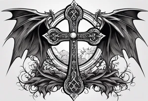 A Christian cross with sharp lower end imbedded into the ground that has roots growing from it. The cross is in the middle of two huge dragon wings. In the middle of the cross is an eye ball tattoo idea