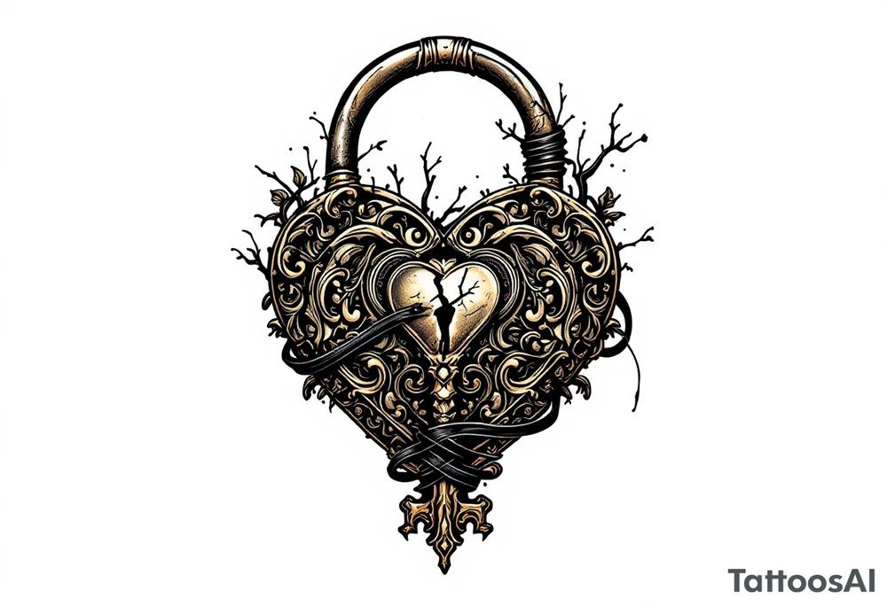 A vintage heart-shaped lock with intricate baroque detailing, cracked slightly at the center, paired with a rusted skeleton key wrapped in a thin black ribbon. The lock is shaded in antique gold and deep bronze, while the key has accents of dark silver and aged steel. tattoo idea