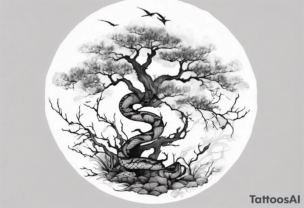 bare tree with a serpent below tattoo idea