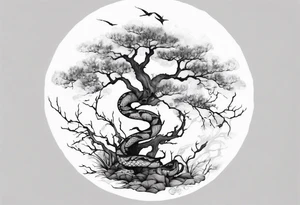 bare tree with a serpent below tattoo idea