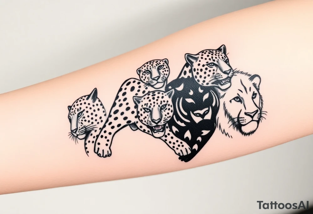 old school style montage of these 5 big cats:
a leopard , a cheetah , a jaguar, a black panther and a lion - as a wrap around bracelet style - about 3 inches each cat - on my upper right arm right above the elbow tattoo idea
