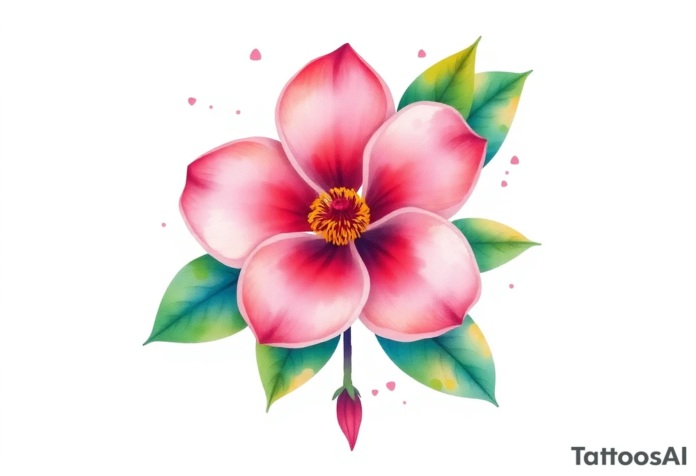 pink camelia flower with leaves and stem tattoo idea