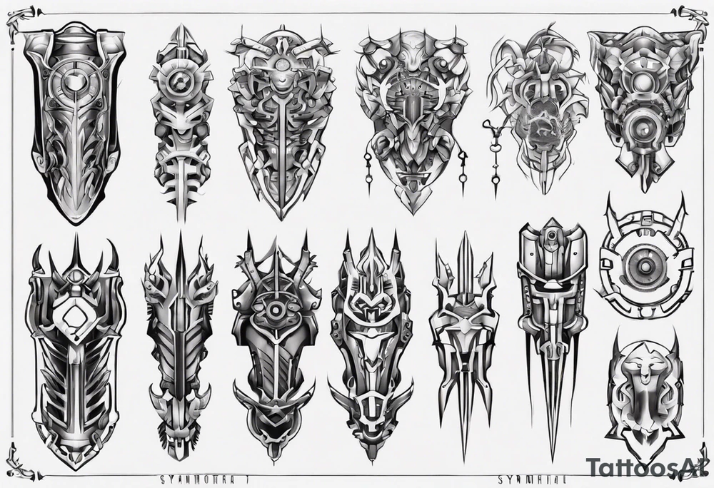 Leg armor mechanical symmetrical tattoo idea