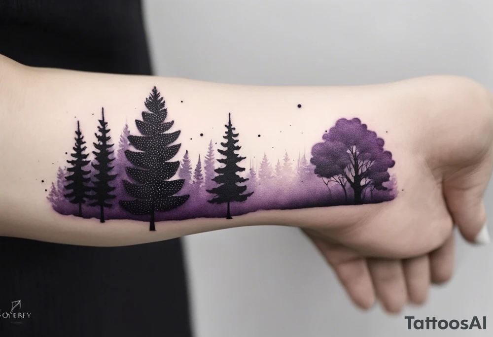 forest, abstract, on hand, no people, purple and black, full, whole wrist wrapped tattoo idea