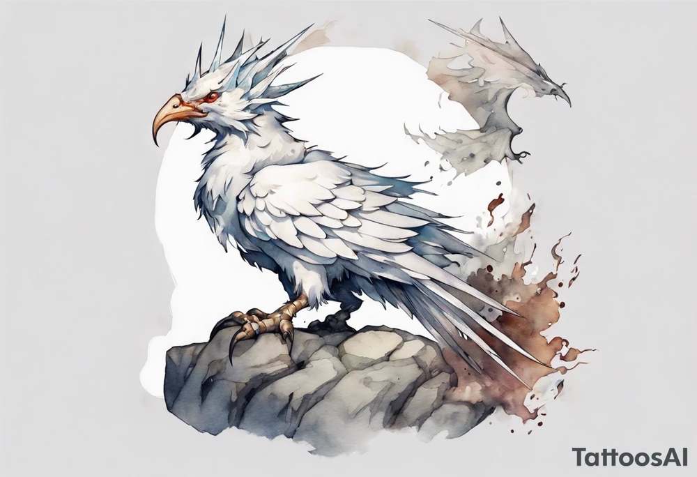a white bird-wyvern hybrid, wearing a plain iron crown on head, perched on a stone tattoo idea