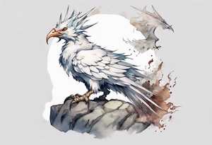 a white bird-wyvern hybrid, wearing a plain iron crown on head, perched on a stone tattoo idea