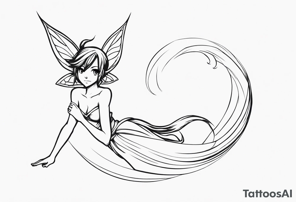 No color sideways sketch of a fairy with a tail inspired by the guild symbol in the anime show called Fairy Tail in a fetal position leaning forward while crawled in with hands a bit forward and her body is an angle while floating in the air tattoo idea