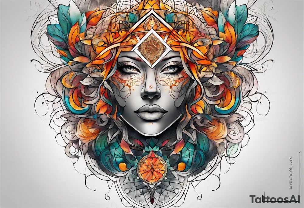 front knee tattoo with sacred geometry, swirls & washes, background and in fall colors tattoo idea