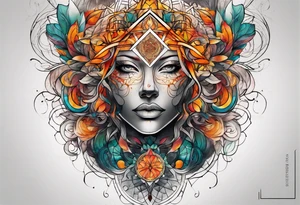 front knee tattoo with sacred geometry, swirls & washes, background and in fall colors tattoo idea