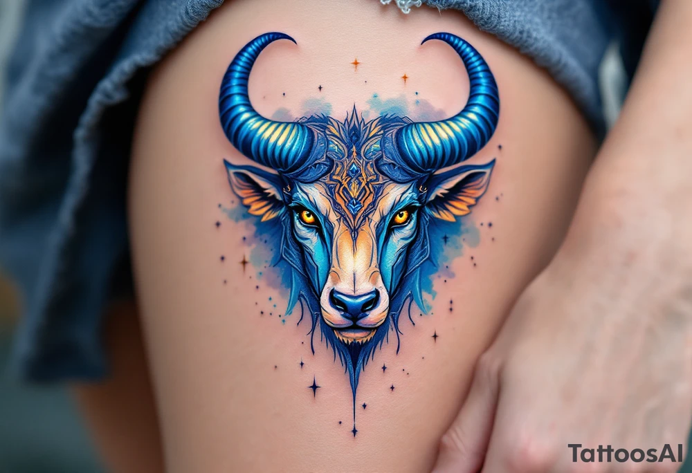 Like a cosmic guardian, Taurus watches with ochre eyes and glowing indigo horns. tattoo idea