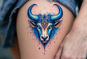Like a cosmic guardian, Taurus watches with ochre eyes and glowing indigo horns. tattoo idea