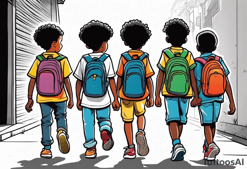 full bodies of 3 black school age boys walking away together and one is looking to the side at the one in the middle tattoo idea