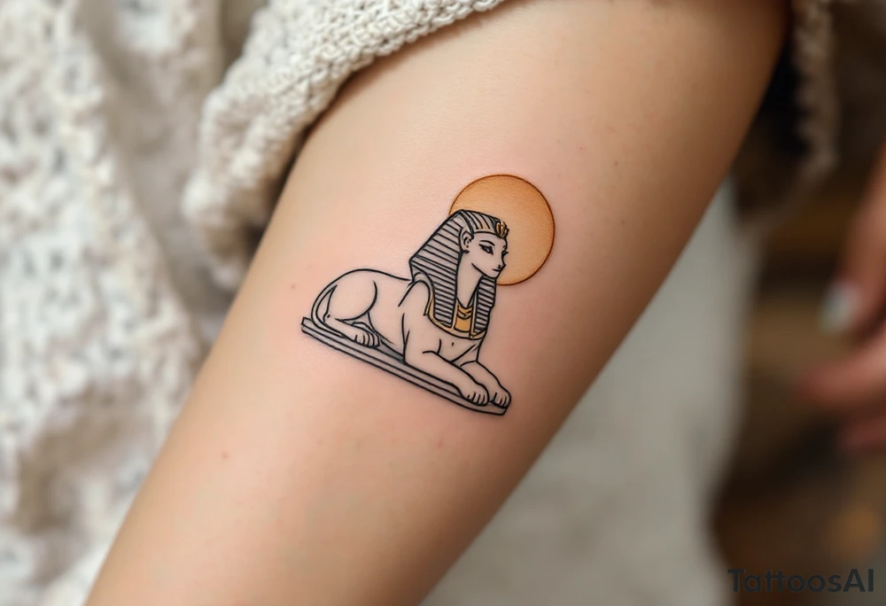 A majestic Sphinx outline in warm gray, positioned below a faded gold sun, sitting on the thigh as a guardian. tattoo idea