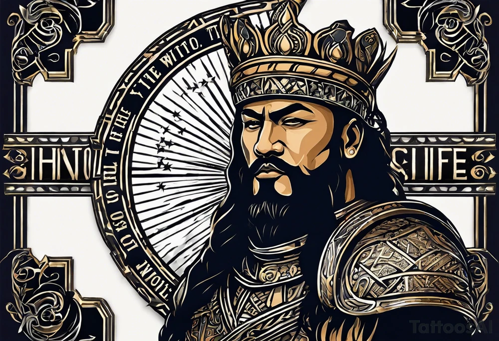 The tattoo is spiritually driven, using the Latin quote "Vincit qui see Vincit," which translates to "He who conquers himself conquers the world." Create this tattoo using the ideas of the warrior spirit, discipline, and growth in all aspects of life tattoo idea