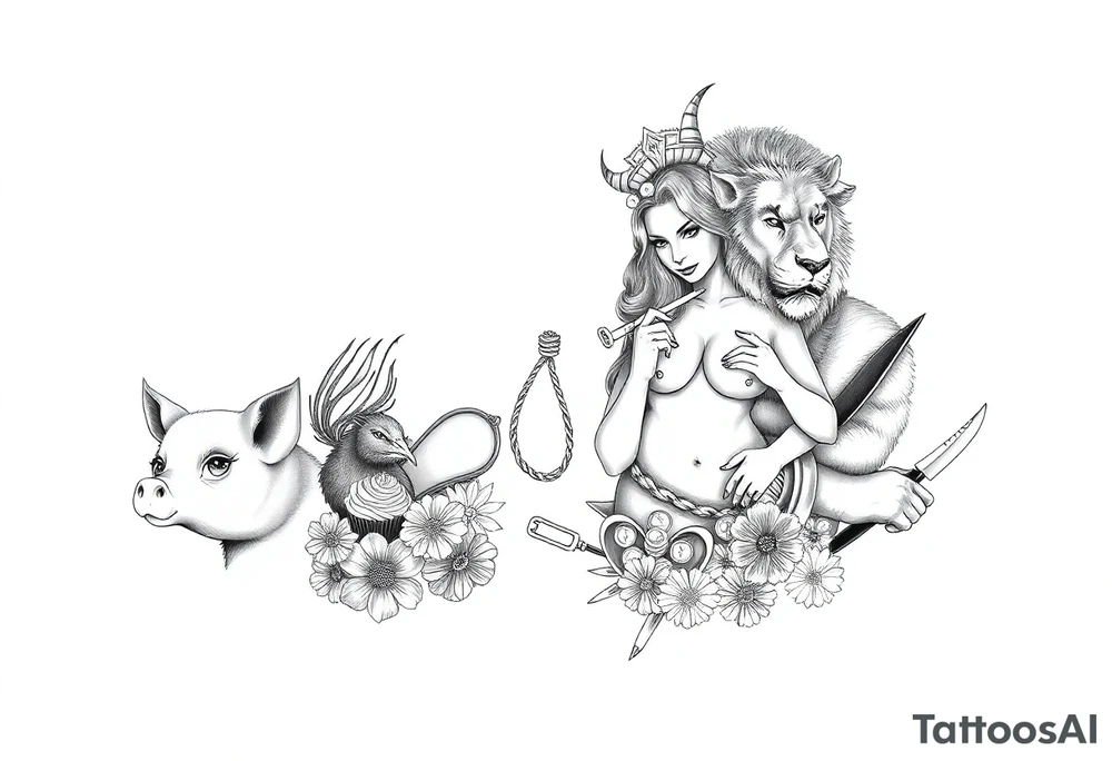 Storm clouds, pig, peacock , fat sexy naked fat woman, cupcakes, noose , money, goat, lion, man and girl having sex, cigerette, drugs, coins, storm lightening, killing, darkness, mirror, razor , knife, inside clouds tattoo idea