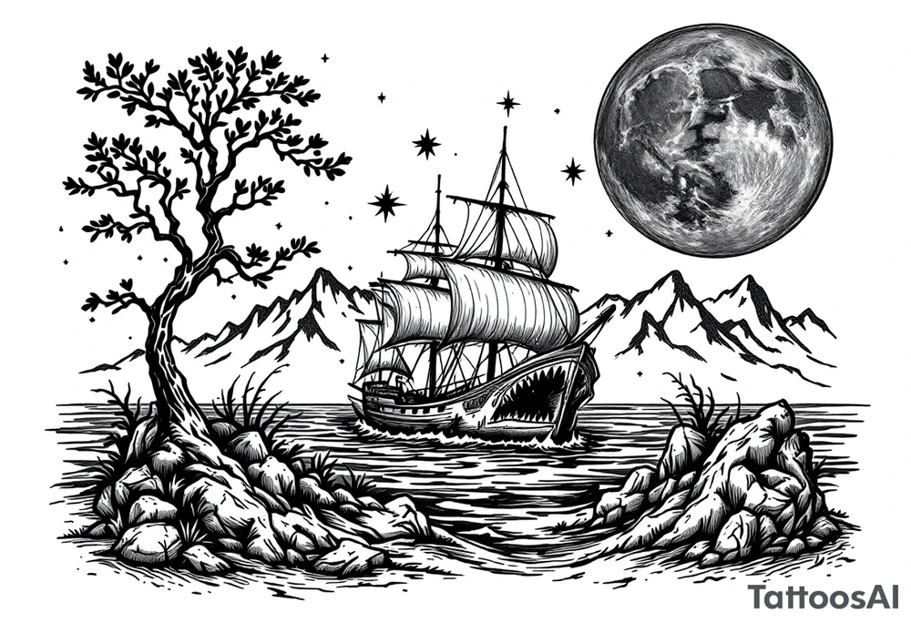 tattoo that has an acacia tree with mountains, ocean with a ship wreck with sharks and the northern star tattoo idea