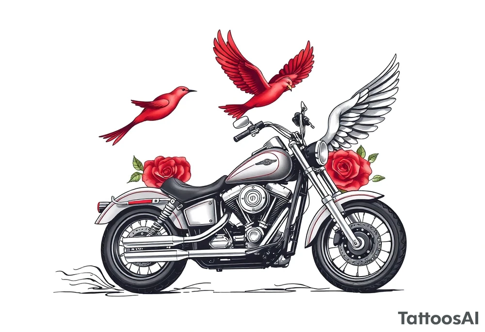 Harley grey motorcycle driving away, two red birds flying, roses, flames, angel wings tattoo idea