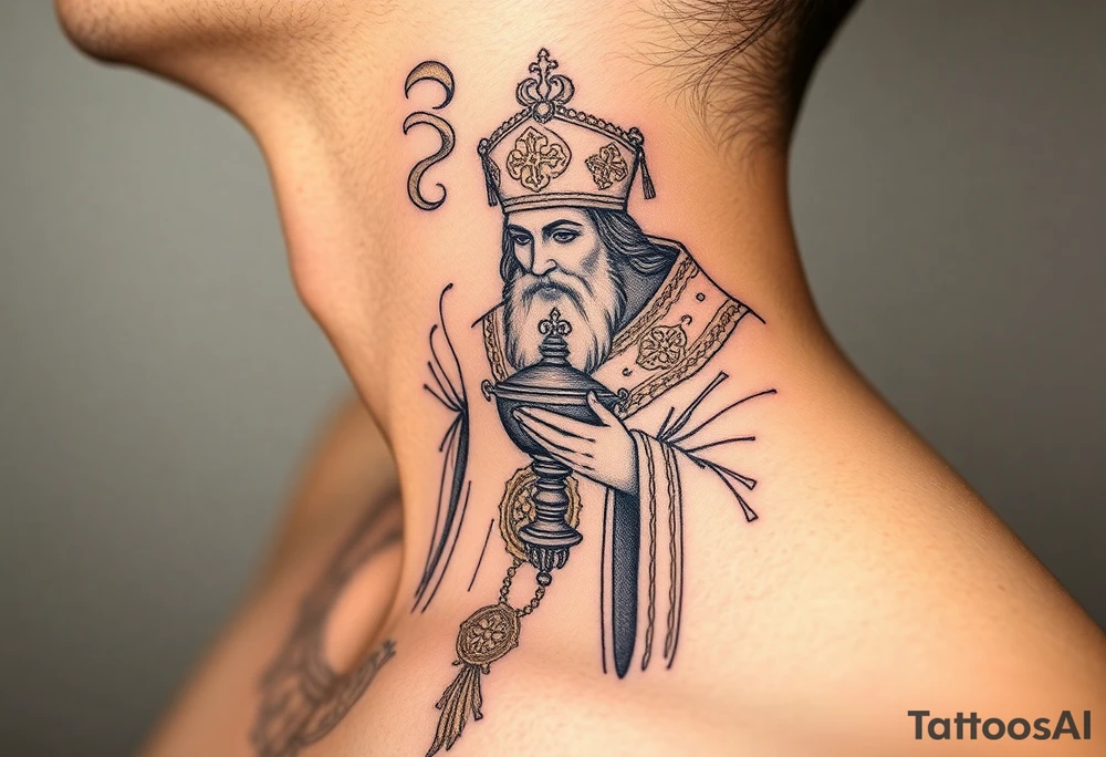 A Russian Orthodox Priest in full gold vestments swinging a censer with smoke curling upward 

The ornate robes give incredible fine line detail
The incense smoke could flow and connect to other elements
It ties directly into the church and Virgin Mary you already have
Very culturally authentic to the overall theme tattoo idea