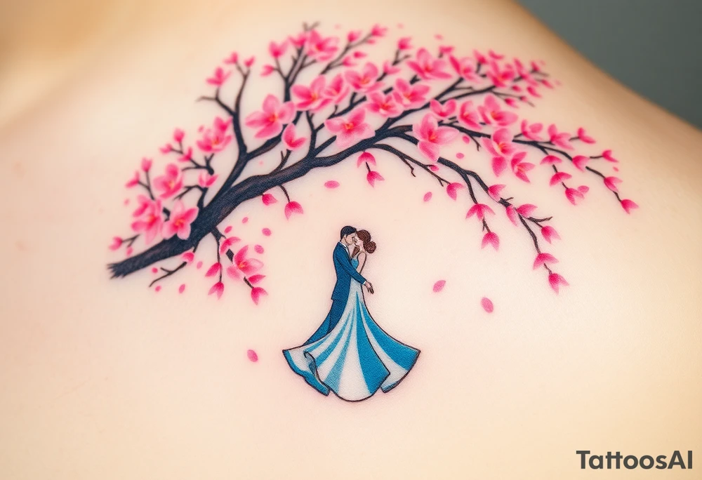 A watercolor-style couple dancing under a soft pink cherry blossom tree, with delicate petals falling around them tattoo idea