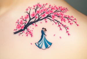 A watercolor-style couple dancing under a soft pink cherry blossom tree, with delicate petals falling around them tattoo idea