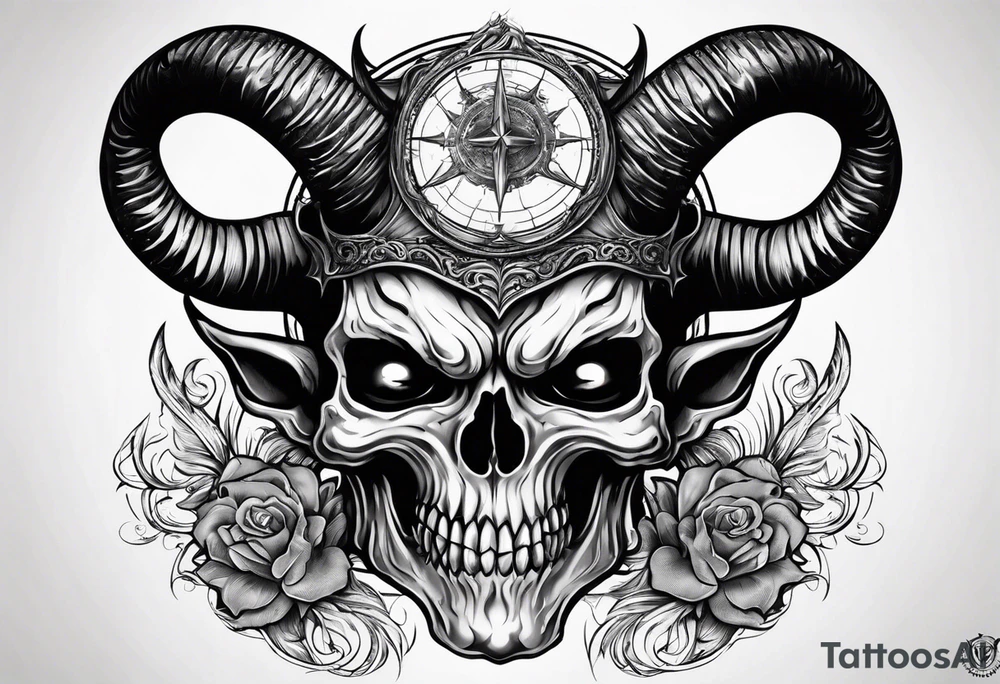 Devil skull  with hollow eyes and  horns holding the earth tattoo idea