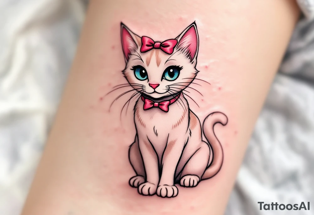 The Aristocats' Marie with pink bow sits pretty in pink and white, a perfect tattoo for classic cat lovers. tattoo idea