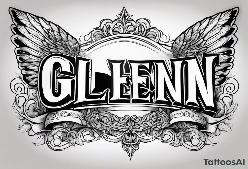 The word Glenn on a banner with angel Wings tattoo idea
