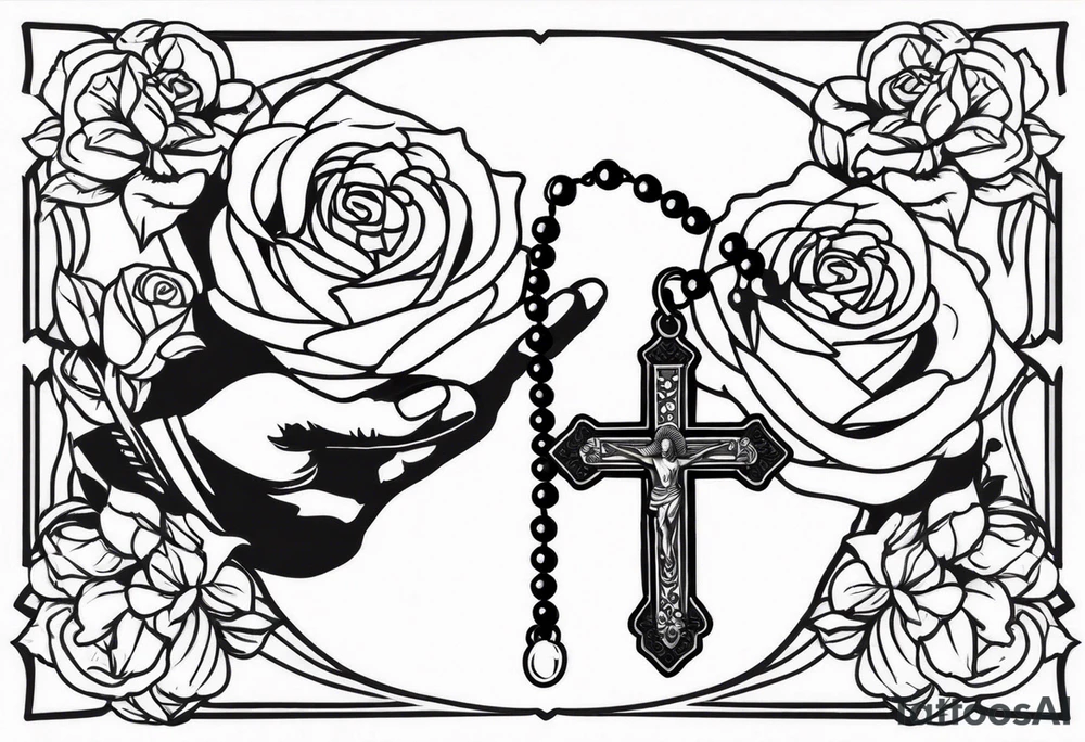 Hand holding rosary with roses tattoo idea