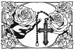 Hand holding rosary with roses tattoo idea